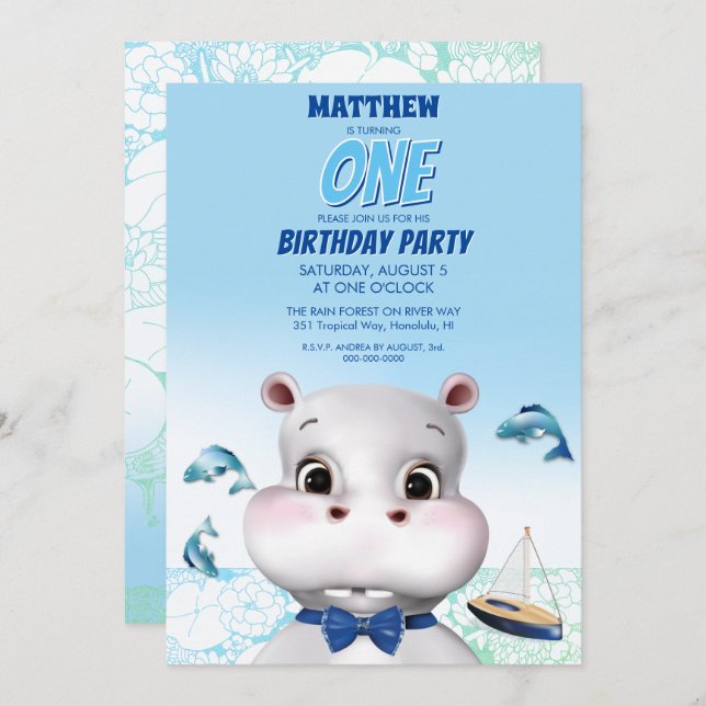 Hippo Blue Fish Boy Birthday Invitation (Front/Back)