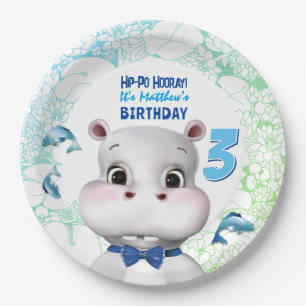 Hippo Blue Fish Boy Birthday Paper Plate