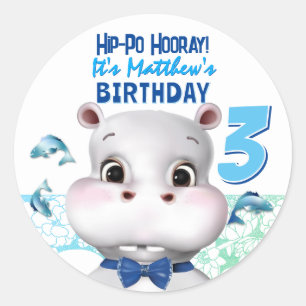 Hippo Blue Fish Boy Birthday Thank You Classic Round Sticker