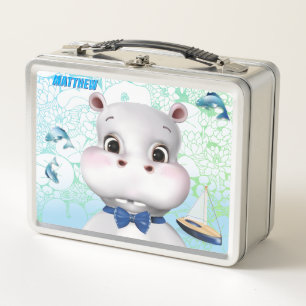 Hippo Blue Fish Kids Metal Lunch Box