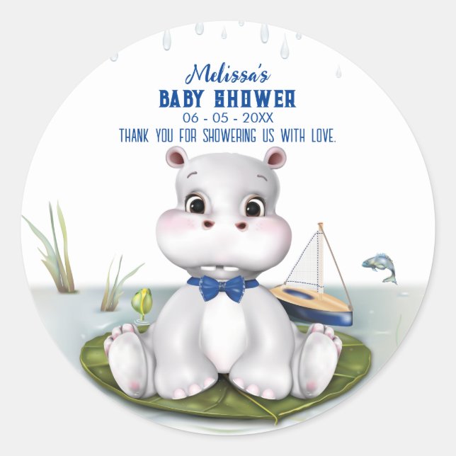 Hippo Boy Baby Shower Classic Round Sticker (Front)