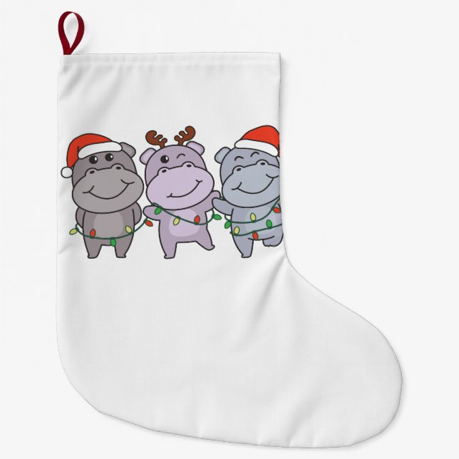Hippo Christmas Animals Cute Hippos Holiday Large Christmas Stocking (Front)