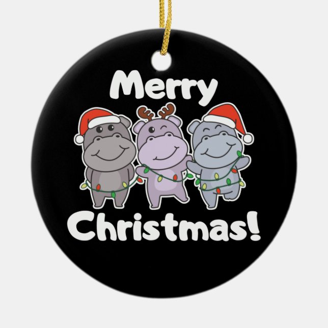 Hippo Christmas Animals Cute Hippos Merry Ceramic  Ceramic Ornament (Front)
