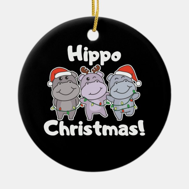 Hippo Christmas Animals Cute Hippos Merry Ceramic  Ceramic Ornament (Front)