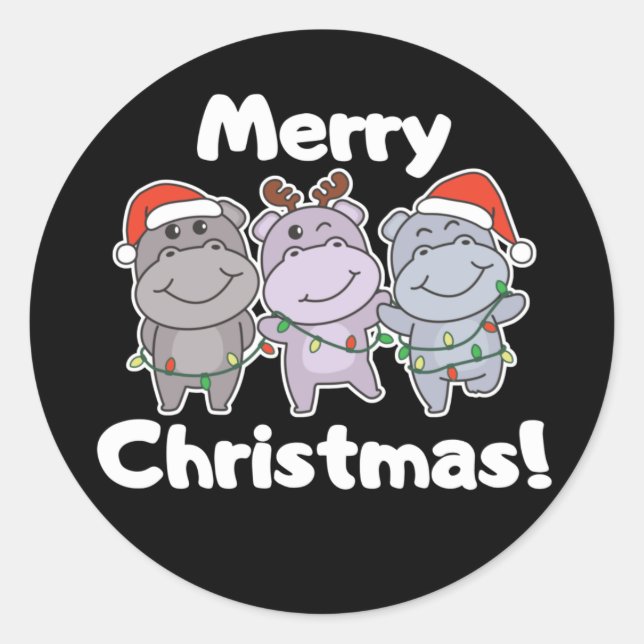 Hippo Christmas Animals Cute Hippos Merry Classic  Classic Round Sticker (Front)