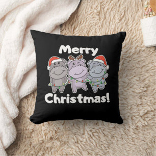 Hippo Christmas Animals Cute Hippos Merry Cushion
