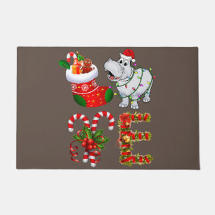 Hippo Christmas Lights Funny Santa Hat Christmas Doormat