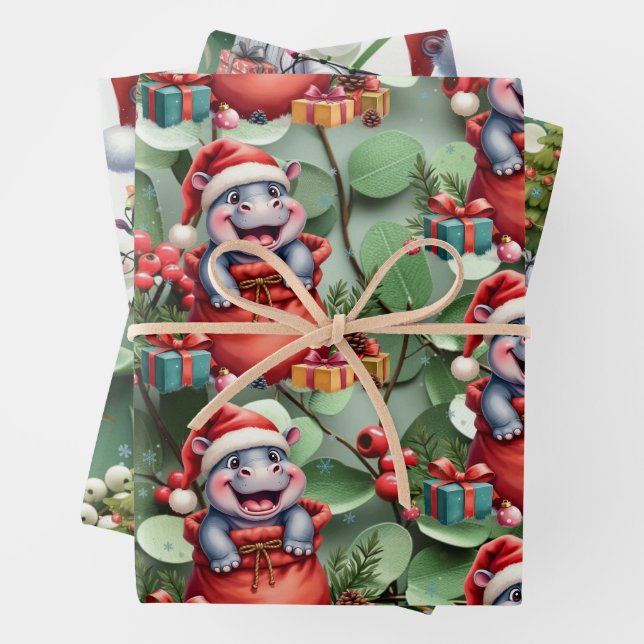 Hippo Christmas Themed for Animal Lovers Wrapping Paper Sheet (In situ)