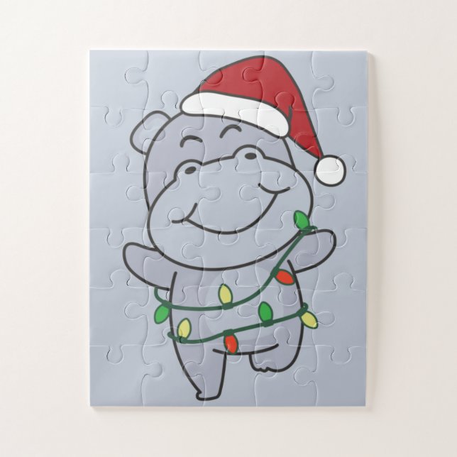 Hippo Christmas Winter Animals Hippos Jigsaw Puzzl Puzzle (Vertical)