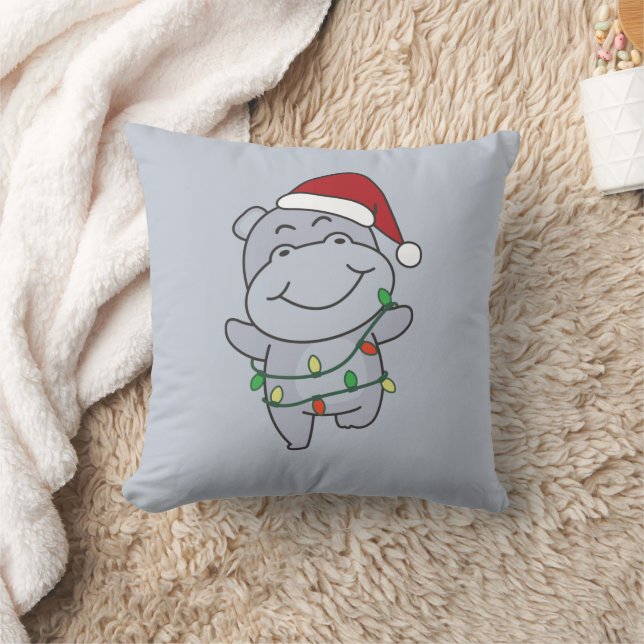 Hippo Christmas Winter Animals Hippos Throw Pillow (Blanket)