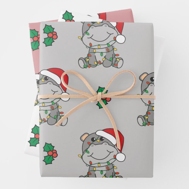 Hippo Christmas Winter Animals Holiday Hippos Wrapping Paper Sheet (In situ)