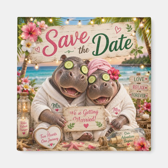 Hippo Couple Tropical Spa Save the Date Magnet (Front)