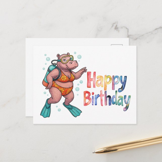 Hippo diver underwater Happy Birthday  Postcard (Front/Back In Situ)