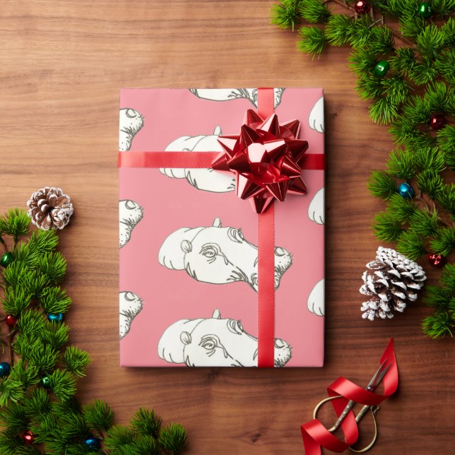 Hippo drawing on pink wrapping paper (Holiday Gift)