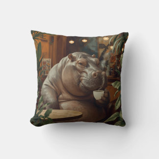 Hippo drinks coffee. Surreal style Cushion
