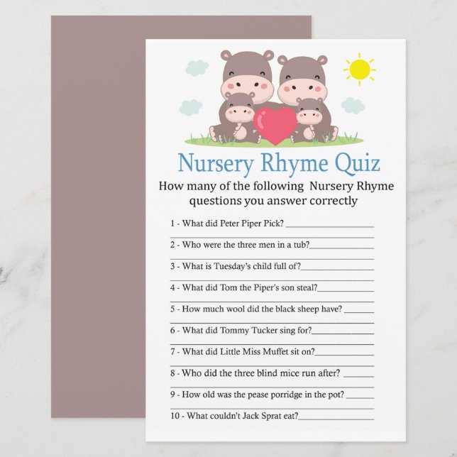 Hippo family Nursery Rhyme Quiz baby shower game (Front/Back)