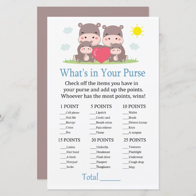 Hippo family What's in your purse game (Front/Back)