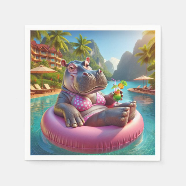 Hippo Floating In A Pool With Cocktail Drink Napkin (Front)