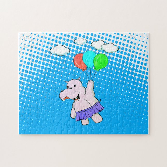 Hippo Flying With Balloons Cute Baby Animal Jigsaw Puzzle (Horizontal)