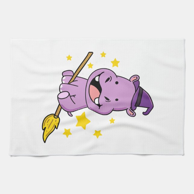 Hippo Halloween Witch For Halloween Tea Towel (Horizontal)