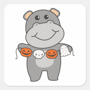 Hippo Happy Halloween Pumpkin Bat Costume Square S Sticker