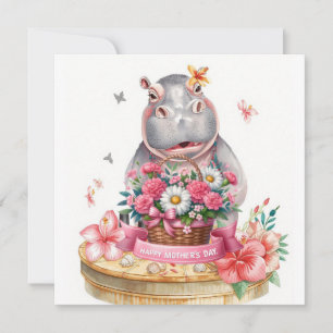 Hippo Happy Mother's Day with flower basket Holiday Card