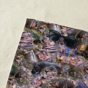 **"Hippo Haven: A Playful Collage of River Giants" Beach Towel