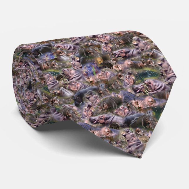 **"Hippo Haven: A Playful Collage of River Giants" Tie (Rolled)