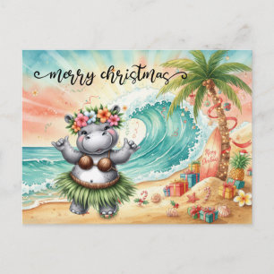Hippo Hawaiian surfer celebrate Christmas at beach Postcard