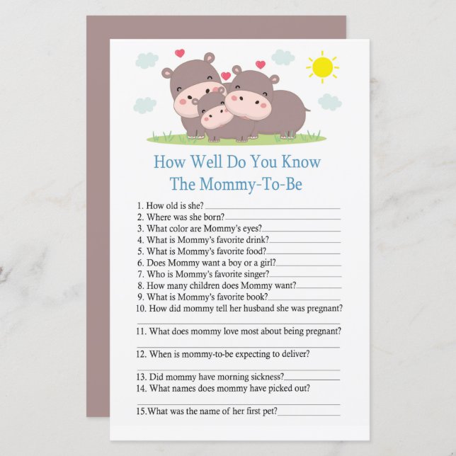 Hippo How well do you know baby shower game (Front/Back)