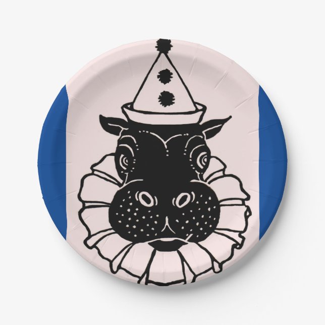 hippo in a party hat paper plate (Front)