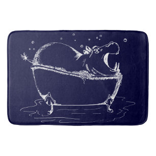 Hippo in Bath Fun Illustration Navy Bath Mat