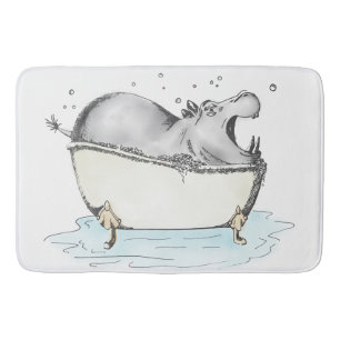 Hippo in Bath Fun Illustration Watercolor Bath Mat