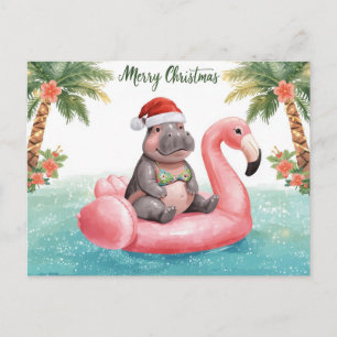 Hippo in Bikini at Christmas Pool Party  Holiday Postcard