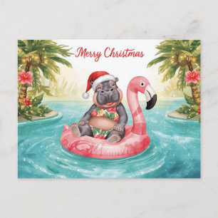 Hippo in Bikini at Christmas Pool Party  Holiday Postcard