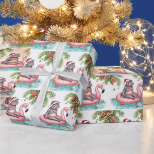 Hippo in Bikini at Christmas Pool Party Wrapping Paper