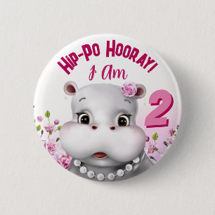 Hippo in Pearls Pink Floral Girl Birthday 6 Cm Round Badge