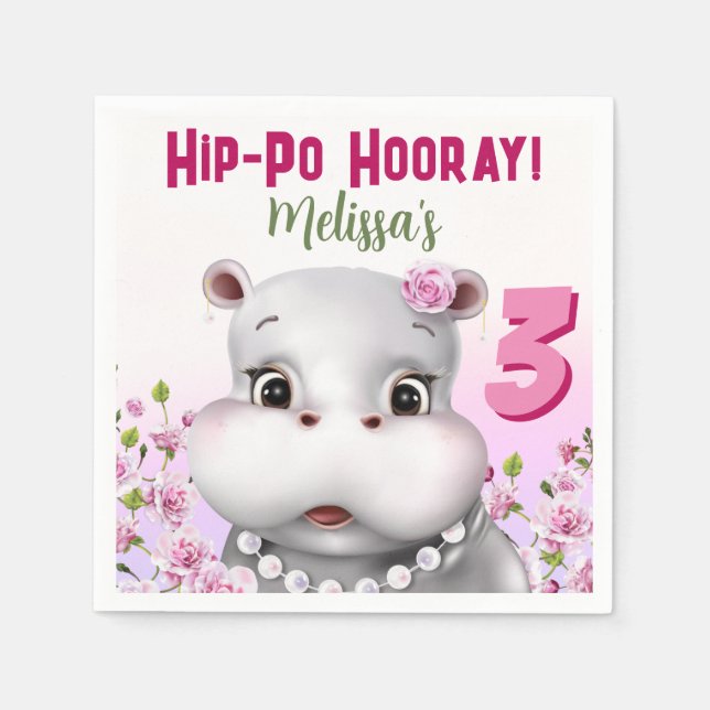 Hippo in Pearls Pink Floral Girl Birthday Napkin (Front)