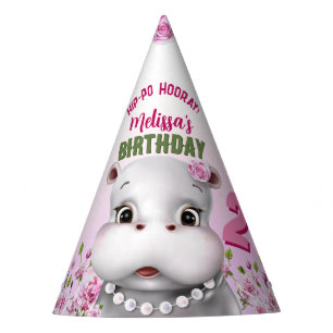Hippo in Pearls Pink Floral Girl Birthday Party Hat