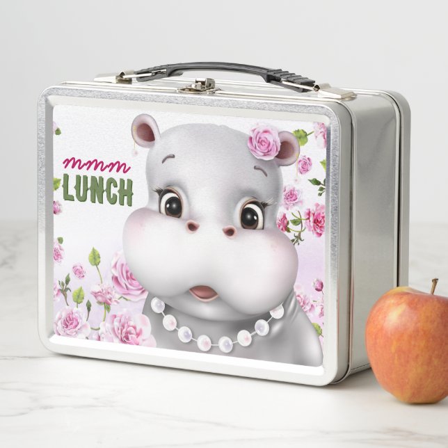 Hippo in Pearls Pink Floral Girl Metal Lunch Box (In Situ)