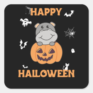 Hippo In Pumpkin Sweet Hippos Happy Halloween Square Sticker