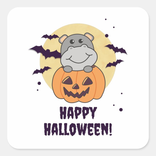 Hippo In Pumpkin Sweet Hippos Happy Halloween Square Sticker (Front)