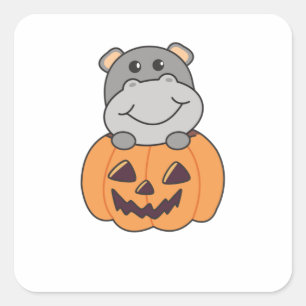 Hippo In Pumpkin Sweet Hippos Happy Halloween Square Sticker