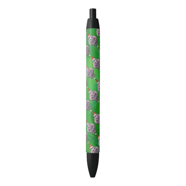 Hippo in Santa Hat Pattern On Green Black Ink Pen (Front Vertical)