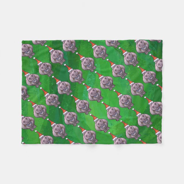 Hippo in Santa Hat Pattern On Green Fleece Blanket (Front (Horizontal))