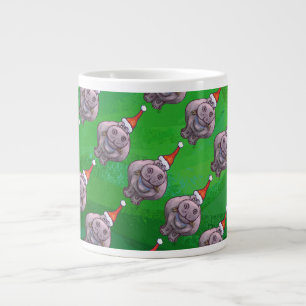 Hippo in Santa Hat Pattern On Green Large Coffee Mug