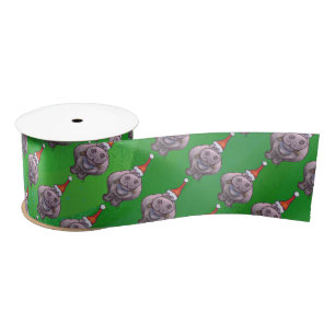 Hippo in Santa Hat Pattern On Green Satin Ribbon