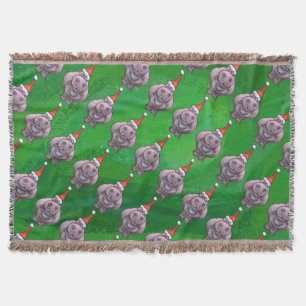Hippo in Santa Hat Pattern On Green Throw Blanket