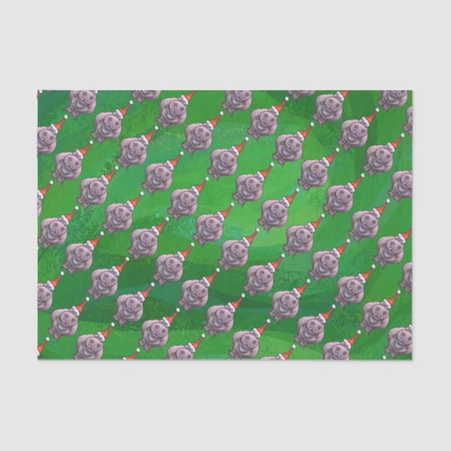 Hippo in Santa Hat Pattern On Green Tissue Paper (Front)