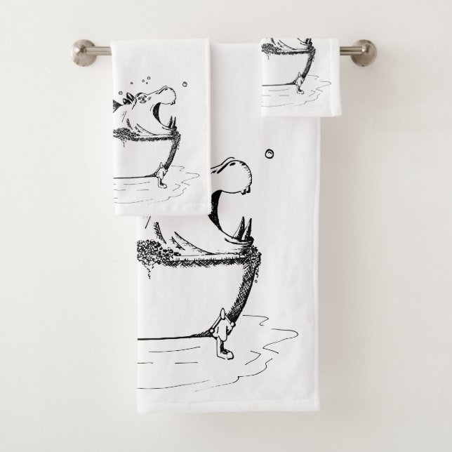 Hippo in the Bath Fun Illustration Black Towel Set (Insitu)